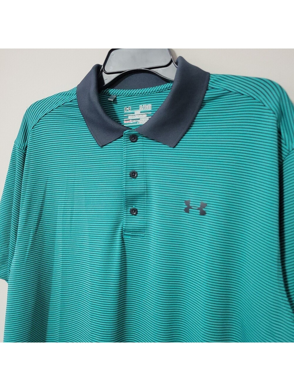 Under Armour Heatgear Polo Shirt Mens XL Teal Navy Blue Striped Loose Fit Golf